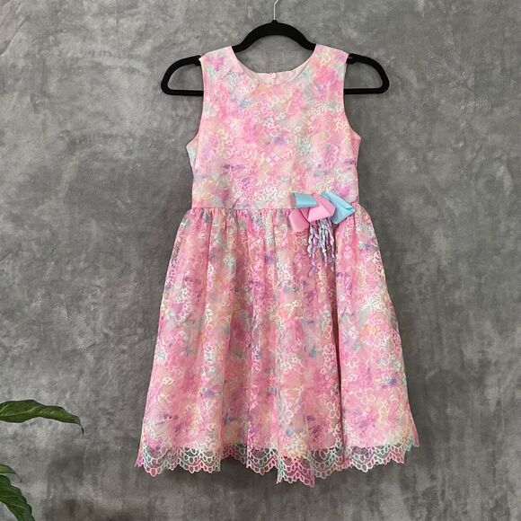 Bonnie Jean Girl size 12 Embroidered Lace sleeveless bow Dress lined Pink - Picture 1 of 9